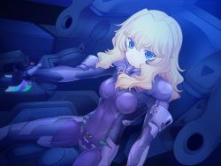Rule 34 | 1girl, acid (company), artist request, bernadette le tigre de la riviere, blonde hair, blue eyes, bodysuit, breasts, cockpit, controller, covered navel, dutch angle, frown, game cg, highres, joystick, long hair, muv-luv, muv-luv alternative, official art, petite, pilot suit, science fiction, sitting, skin tight, small breasts, solo, spread legs, the euro front, wavy hair