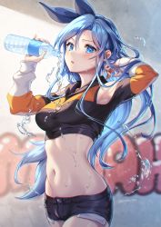 Rule 34 | 1girl, absurdres, arm up, armpits, bare shoulders, black shorts, blue eyes, blue hair, blue ribbon, blush, borrowed character, bottle, breasts, clothing cutout, commentary request, commission, cowboy shot, crop top, day, gomashio ponz, graffiti, hair ribbon, highres, holding, holding bottle, long hair, long sleeves, looking at viewer, medium breasts, bae minah (chaesu), navel, open mouth, original, outdoors, plastic bottle, pouring, pouring onto self, ribbon, short shorts, shorts, shoulder cutout, skeb commission, solo, stomach, twitter username, very long hair, water, water bottle