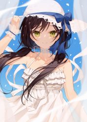 Rule 34 | 1girl, absurdres, arm up, bare shoulders, black hair, blue bow, blue sky, bow, breasts, choker, cleavage, closed mouth, collarbone, commentary request, curtains, dress, floating hair, green eyes, hair over shoulder, hand on headwear, hat, hat bow, highres, long hair, low twintails, medium breasts, minasenagi, original, see-through, sky, sleeveless, sleeveless dress, smile, solo, straw hat, transparent, twintails, very long hair, white choker, white dress, white hat, wrist cuffs