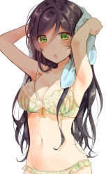Rule 34 | 1girl, :o, armpits, arms up, bikini, blue towel, blush, breasts, cleavage, drying, drying hair, green eyes, hair between eyes, hair down, long hair, looking at viewer, love live!, love live! school idol project, medium breasts, mogu (au1127), navel, purple hair, simple background, solo, swimsuit, tojo nozomi, towel, towel on head, wet, white background