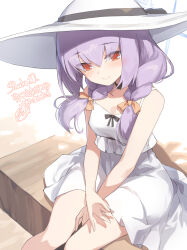 Rule 34 | 1girl, atsuko (blue archive), blue archive, braid, brown eyes, commission, dress, hat, highres, long hair, miya kazutomo, purple hair, ribbon, sitting, skeb commission, smile, solo, sun hat, sundress, thighs, twin braids, twintails, white dress, white hat