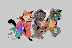 Rule 34 | 3others, animal bag, animal ears, artist name, bag, bakeneko, candy, closed mouth, commentary, english commentary, food, full body, furry, gatoiberico, gecko, grey background, halloween, highres, holding, holding bag, hood, hood up, long sleeves, multiple others, open mouth, original, pawpads, simple background, star (symbol), star print, tail, tongue, tongue out, yellow eyes