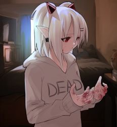 Rule 34 | 1girl, absurdres, albino, bedroom, blood, blood on face, blood on hands, blurry, blurry background, earrings, empty eyes, hair ornament, hairclip, highres, hood, hood down, hoodie, horns, indoors, jewelry, kumaartsu, looking at hands, original, pale skin, pointy ears, red eyes, red horns, short twintails, solo, twintails, white hair, white hoodie