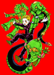 Rule 34 | 1boy, blonde hair, eat666, echoes (stand), echoes act1, echoes act2, echoes act3, full body, gakuran, highres, hirose koichi, jojo no kimyou na bouken, male focus, open mouth, pointing, red background, red eyes, school uniform, stand (jojo), tail