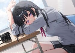 Rule 34 | 1girl, black hair, black skirt, blue eyes, blurry, blurry background, blush, button gap, camera, chigusa minori, collared shirt, commentary request, desk, dress shirt, grey sweater, indoors, leaning on table, lens flare, light particles, long hair, looking at viewer, multicolored eyes, neck ribbon, original, pleated skirt, purple eyes, red ribbon, ribbon, school uniform, shirt, sidelocks, skirt, smile, solo, sweater, white shirt
