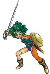Rule 34 | 1girl, asymmetrical clothes, blue eyes, boots, bracelet, circlet, curly hair, dragon quest, dragon quest iv, full body, green hair, heroine (dq4), holding, holding sheath, holding sword, holding weapon, jewelry, non-web source, official art, open mouth, scabbard, sheath, short hair, simple background, solo, standing, sword, thighlet, toriyama akira, weapon, white background