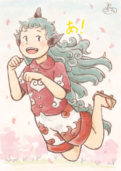 Rule 34 | animal ears, blouse, blue hair, cherry blossoms, chii-kun (seedyoulater), cloud print, commentary request, dog ears, fangs, horns, jumping, komano aunn, long hair, open mouth, red shirt, red skirt, sandals, shirt, single horn, skirt, solo, touhou