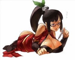 Rule 34 | 1girl, arc system works, ass, bad id, bad pixiv id, black hair, blazblue, blazblue: calamity trigger, blue eyes, breasts, china dress, chinese clothes, cleavage, cleavage cutout, clothing cutout, dress, glasses, hair ornament, huge breasts, lao jiu, large breasts, litchi faye ling, long hair, lying, open mouth, ponytail, solo, takeda kanryuusai, thermometer, troll face