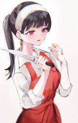 1girl absurdres apron bandaid bandaid_on_hand black_hair blood crying earrings hairband highres holding holding_knife jewelry knife long_sleeves mile_(off8mile) parted_lips ponytail red_apron red_eyes shirt solo spy_x_family tears upper_body white_hairband white_shirt yor_briar