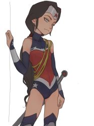Rule 34 | 1girl, aged down, bad id, bad pixiv id, bare shoulders, black hair, blue eyes, bodysuit, child, collarbone, cropped legs, dc comics, detached sleeves, feason, female focus, flat chest, forehead protector, lasso, lasso of truth, leotard, long hair, looking down, low ponytail, ponytail, rope, simple background, skin tight, sleeveless, solo, star (symbol), star print, superhero costume, sword, thighhighs, tiara, turtleneck, very long hair, weapon, white background, wonder woman, wonder woman (series)