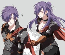 Rule 34 | 1boy, 1girl, asymmetrical clothes, blush, breasts, cape, cleavage, closed mouth, collar, dual persona, fire emblem, fire emblem: three houses, fire emblem warriors: three hopes, gloves, hair bun, hair over one eye, highres, illust mi, large breasts, long hair, nintendo, pulling, purple eyes, purple hair, serious, shez (female) (fire emblem), shez (fire emblem), shez (male) (fire emblem), short hair, single hair bun, sweatdrop