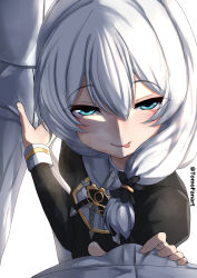Rule 34 | 1girl, 2boys, absurdres, artist name, black dress, blue eyes, captain (honkai impact), closed mouth, dress, hair between eyes, half-closed eyes, highres, honkai (series), honkai impact 3rd, jacket, long hair, long sleeves, looking at viewer, multiple boys, nun, pants, side ponytail, simple background, smile, theresa apocalypse, theresa apocalypse (valkyrie pledge), tomodachi (tomofanart), tongue, tongue out, white background, white hair, white jacket, white pants