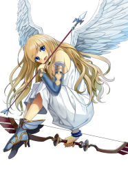 Rule 34 | 1girl, angel wings, arrow (projectile), bare shoulders, blonde hair, blue eyes, bow (weapon), bracelet, dragon maker, full body, gaou (umaiyo puyoman), head tilt, high heels, jewelry, long hair, looking at viewer, original, shoes, simple background, sitting, solo, toga, weapon, wings