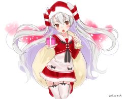 Rule 34 | 10s, 1girl, 2015, ama mitsuki, amatsukaze (kancolle), blush, dated, dress, garter straps, gift, hair tubes, hat, kantai collection, long hair, looking at viewer, open mouth, outstretched arm, sack, santa costume, santa hat, silver hair, solo, thighhighs, two side up, white thighhighs