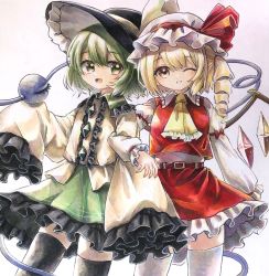 Rule 34 | 2girls, ;d, ascot, belt, black headwear, black legwear, blonde hair, bow, center frills, collared shirt, commentary request, crystal, diamond (shape), eyeball, flandre scarlet, frilled shirt collar, frilled skirt, frilled sleeves, frills, green eyes, green hair, green skirt, hat, hat ribbon, highres, hisako (6anmbblfnjueeff), komeiji koishi, long sleeves, medium hair, mob cap, multiple girls, one eye closed, one side up, open mouth, puffy sleeves, red belt, red bow, red ribbon, red skirt, red vest, ribbon, shirt, short hair, sidelocks, skirt, sleeves past fingers, sleeves past wrists, smile, thighhighs, third eye, touhou, traditional media, vest, wavy hair, white background, white legwear, wide sleeves, wings, yellow ascot, yellow eyes, yellow ribbon, yellow shirt