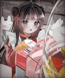 Rule 34 | 1girl, absurdres, blunt bangs, blurry, blurry background, blush, broken glass, brown hair, coin slot, commentary, commentary request, double bun, dress, english commentary, eyelashes, glass, hair bun, hair ribbon, hanataro (sruvhqkehy1zied), hand up, highres, jewelry, long hair, long sleeves, looking at animal, mixed-language commentary, nail polish, necklace, open mouth, original, parted lips, pendant, pink nails, purple eyes, rabbit, red dress, red ribbon, ribbon, sleeves past wrists, solo, upper body