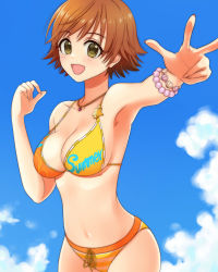Rule 34 | 10s, 1girl, :d, arm up, armpits, bare arms, bare shoulders, bikini, bracelet, breasts, brown hair, cleavage, cloud, cowboy shot, day, english text, female focus, green eyes, hand up, happy, heart, heart necklace, honda mio, idolmaster, idolmaster cinderella girls, jewelry, large breasts, looking at viewer, navel, neck, necklace, open mouth, orange bikini, outdoors, outstretched arm, pearl bracelet, short hair, sky, smile, solo, standing, striped bikini, striped clothes, summer, swimsuit, tayu (yuntayu), yellow bikini