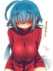 Rule 34 | 10s, 1girl, 2014, :&lt;, ahoge, blue hair, blush, breasts, dated, eyebrows, hair over eyes, hanging breasts, large breasts, long hair, muroku (aimichiyo0526), original, ribbed sweater, signature, simple background, solo, sweater, thick eyebrows, translated, white background