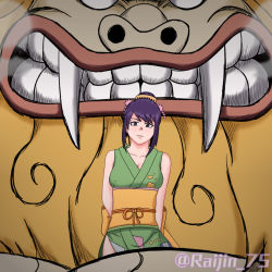 Rule 34 | 1girl, aged up, angry, bare shoulders, breasts, female focus, highres, japanese clothes, kimono, large breasts, lion, looking at viewer, one piece, purple eyes, purple hair, solo, kurozumi tama, threatening