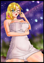 Rule 34 | 1girl, absurdres, adjusting eyewear, angry, arm under breasts, armpits, artist request, bare shoulders, barefoot, blonde hair, blue eyes, blush, body blush, breasts, collarbone, eyelashes, feet, female focus, fingernails, from below, glasses, glynda goodwitch, hand up, highres, index finger raised, legs, looking at viewer, medium breasts, medium hair, naked towel, nature, neck, night, night sky, one eye closed, onsen, open mouth, outdoors, plant, roosterteeth, rwby, shiny skin, sky, standing, star (sky), starry sky, thighs, towel, water, water drop, wet, white towel