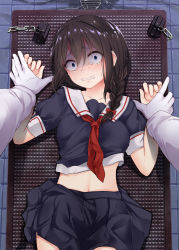 Rule 34 | 10s, 1boy, 1girl, absurdres, admiral (kancolle), ahoge, black hair, black serafuku, black skirt, blue eyes, blush, braid, clenched teeth, gloves, hair flaps, hair over shoulder, hair ribbon, highres, holding another&#039;s wrist, imminent rape, jack dempa, kantai collection, long hair, looking at viewer, lying, md5 mismatch, military, military uniform, naval uniform, navel, neckerchief, on back, pinned, pleated skirt, pov, red neckerchief, restrained, ribbon, scared, school uniform, serafuku, shigure (kancolle), single braid, skirt, solo focus, sweat, tears, teeth, uniform, white gloves, wide-eyed