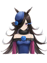 Rule 34 | 1girl, animal ears, bare shoulders, black hair, blue dress, blue flower, blue hat, blue rose, closed mouth, collarbone, commentary request, cropped torso, dress, flower, hair over one eye, hat, hat flower, highres, horse ears, long hair, looking at viewer, off-shoulder dress, off shoulder, purple eyes, rice shower (umamusume), rose, simple background, solo, tilted headwear, umamusume, upper body, v-shaped eyebrows, very long hair, white background, yuzu-aki