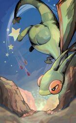 Rule 34 | absurdres, antennae, black eyes, blue sky, creatures (company), flygon, flying, game freak, gen 3 pokemon, highres, looking to the side, netugen33, nintendo, no humans, outdoors, pokemon, pokemon (creature), rock, sky, star (symbol), sun, tail, wings