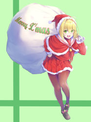 Rule 34 | 1girl, :d, absurdres, ahoge, alternate costume, blonde hair, breasts, capelet, christmas, commentary request, fate/extra, fate (series), full body, fur-trimmed headwear, fur trim, green background, green eyes, hat, highres, holding, holding sack, long sleeves, looking at viewer, m.tokotsu, merry christmas, nero claudius (fate), nero claudius (fate) (all), nero claudius (fate/extra), open mouth, over shoulder, pantyhose, pleated skirt, red capelet, red hat, red skirt, sack, santa costume, santa hat, short hair, skirt, smile, solo, standing