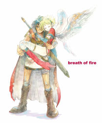 Rule 34 | 1boy, 1girl, angel wings, armor, blonde hair, blue eyes, blue hair, boots, breath of fire, breath of fire i, capcom, couple, elbow gloves, gloves, green eyes, hairband, hetero, knee boots, nina (breath of fire i), ryuu (breath of fire i), short hair, sword, thighhighs, weapon, white wings, wings