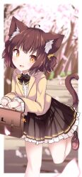 Rule 34 | 1girl, absurdres, ahoge, animal ear fluff, animal ears, black bow, black skirt, blazer, blurry, blurry background, bow, briefcase, brown eyes, brown footwear, brown hair, brown jacket, cat ears, cat girl, cat tail, center frills, collared shirt, commission, daidai ookami, day, depth of field, dress shirt, frilled skirt, frilled sleeves, frills, highres, holding, jacket, loafers, long sleeves, original, petals, pleated skirt, school briefcase, school uniform, shirt, shoes, skeb commission, skirt, sleeves past wrists, solo, tail, tree, two side up, white shirt