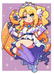 Rule 34 | 1girl, blonde hair, boots, curly hair, dress, fairy, gloves, holding, jewelry, long hair, looking at viewer, moon, panel de pon, seren (panel de pon), solo, star (symbol), user xkra7542, white dress, white gloves