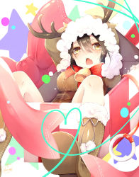 Rule 34 | 1girl, animal costume, antlers, bell, blush, boots, bow, box, breasts, brown coat, brown eyes, brown hair, chita (ketchup), coat, fang, fur-trimmed boots, fur trim, hair between eyes, heart, heart of string, highres, hood, hood up, horns, in box, in container, knees up, large bow, large breasts, looking at viewer, matching hair/eyes, open mouth, original, red bow, red ribbon, reindeer costume, ribbon, signature, sitting, solo, star (symbol), starry background, twitter username