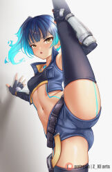 Rule 34 | 1girl, against wall, arm guards, arm support, belt, blue hair, chest jewel, crop top, cropped jacket, denim, denim shorts, fiery hair, flexible, glowing lines, highres, holding leg, leg lift, leg up, looking at viewer, patreon username, sena (xenoblade), short shorts, shorts, side ponytail, sleeveless, sleeveless jacket, solo, split, standing, standing on one leg, standing split, thighhighs, xenoblade chronicles (series), xenoblade chronicles 3, yellow eyes, z-ki