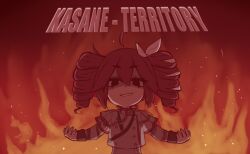 Rule 34 | &gt;:), 1girl, buttons, drawing, drill hair, evil smile, fire, hair ribbon, kasane teto, kasane teto (sv), long hair, looking at viewer, red background, red eyes, red hair, ribbon, smile, solo, synthesizer v, twintails, v-shaped eyebrows, yoheit