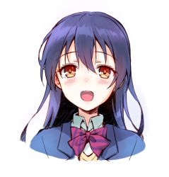 Rule 34 | 1girl, bad id, bad pixiv id, blue hair, blush, bow, bowtie, hair between eyes, hiten (hitenkei), long hair, looking at viewer, love live!, love live! school idol project, open mouth, otonokizaka school uniform, portrait, red bow, red bowtie, school uniform, simple background, smile, solo, sonoda umi, striped bow, striped bowtie, striped clothes, striped neckwear, white background, yellow eyes