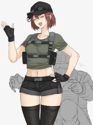 Rule 34 | 1girl, 1other, baseball cap, behind another, belt, black belt, black gloves, black headwear, black shorts, black thighhighs, brown hair, closed eyes, commentary request, crop top, fingerless gloves, fuku (fuku12290574), gloves, goggles, goggles on headwear, green shirt, grey background, hand on own hip, hand up, hat, highres, holster, midriff, navel, open mouth, original, shirt, short hair, short shorts, short sleeves, shorts, shoulder holster, simple background, squatting, standing, teeth, thighhighs, upper teeth only