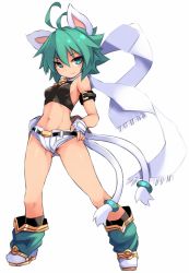 Rule 34 | 1girl, ahoge, animal ears, armband, bell, beryl (shinrabanshou), black legwear, breasts, cat ears, cat tail, closed mouth, fang, fingerless gloves, full body, gloves, green eyes, green hair, hand on own hip, highres, jingle bell, karukan (monjya), looking at viewer, multiple tails, shinrabanshou, shiny skin, shoes, short hair, short shorts, shorts, small breasts, smile, socks, standing, tail, two tails, white background, white gloves, white shorts
