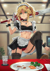 Rule 34 | 1girl, alternate costume, anger vein, blonde hair, boots, braid, breasts, clarent (fate), cleavage, collar, crop top, cross-laced footwear, cup, enmaided, fate/apocrypha, fate (series), food, french braid, frills, green eyes, hair ornament, hair scrunchie, highres, jewelry, lace-up boots, long hair, looking at viewer, maid, maid headdress, mordred (fate), mordred (fate/apocrypha), necklace, panties, parted bangs, plate, ponytail, puffy short sleeves, puffy sleeves, red panties, revision, scrunchie, shaded face, short sleeves, sidelocks, small breasts, solo, sword, table, tonee, underwear, weapon