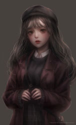 Rule 34 | 1girl, absurdres, artist name, bag, black hair, black hat, black shirt, black skirt, brown background, brown eyes, brown jacket, collared shirt, eyelashes, handbag, hat, highres, jacket, lips, long hair, looking at viewer, nose, open clothes, open jacket, original, parted lips, plaid, plaid skirt, shal.e, shirt, simple background, skirt, sleeves past wrists, solo, white shirt, wing collar