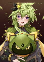 Rule 34 | 1girl, 1other, aged up, artist name, blush, bridal gauntlets, cape, collei (genshin impact), cuilein-anbar (genshin impact), earrings, genshin impact, green hair, hair ornament, highres, jewelry, looking at viewer, open mouth, purple eyes, ryuune, ryuuneart, short hair, smile