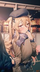 Rule 34 | 1boy, 1girl, admiral (kancolle), arm grab, beret, black headwear, black jacket, blew andwhite, blush, brown eyes, brown sweater, casual, commission, hand to own mouth, hat, heterochromia, highres, jacket, kantai collection, long hair, long sleeves, looking at viewer, murasame (kancolle), murasame kai ni (kancolle), night, official alternate costume, outdoors, parted lips, red eyes, scarf, sidelocks, skeb commission, skyline, sweater, two side up, very long hair