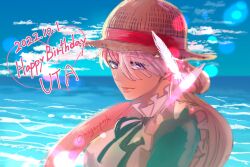 Rule 34 | 1girl, character name, commentary request, dated, dress, feathers, frilled dress, frills, happy birthday, hat, looking at viewer, magu pink, multicolored hair, neck ribbon, ocean, one piece, purple hair, red hair, ribbon, sky, straw hat, twintails, twitter username, two-tone hair, upper body, uta (one piece), white hair