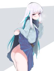 Rule 34 | 1girl, absurdres, ass, belt, blue dress, blue hair, blue jacket, blunt bangs, blush, brown belt, closed mouth, commentary request, dress, from side, highres, jacket, lifting own clothes, lize helesta, long hair, long sleeves, looking at viewer, multicolored hair, nijisanji, no panties, purple eyes, solo, standing, straight hair, two-tone hair, uxu, virtual youtuber, white hair