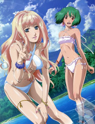 Rule 34 | 2girls, absurdres, ahoge, beach, bikini, blonde hair, blue eyes, bracelet, breasts, cloud, day, earrings, frilled bikini, frills, green hair, hand on own knee, highres, jewelry, large breasts, leaning forward, legband, long hair, macross, macross frontier, marufuji hirotaka, multiple girls, nail polish, navel, official art, open mouth, outdoors, parted lips, pink nails, ranka lee, red eyes, reflection, scan, scrunchie, sheryl nome, short hair, single earring, sky, smile, swimsuit, thigh strap, thighlet, underboob, v, wading, water, white bikini