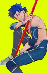 1boy, blue hair, bracelet, chest strap, closed mouth, crescent necklace, cu chulainn (fate) (all), detached sleeves, earrings, fate/stay night, fate (series), from side, grin, hair bun, holding, holding polearm, holding weapon, jewelry, knee up, kystktstura, lancer, long hair, looking at viewer, male focus, muscular, muscular male, necklace, pants, polearm, red eyes, simple background, skin tight, smile, solo, spiked hair, weapon, yellow background