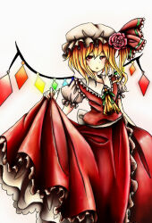 Rule 34 | 1girl, ascot, back bow, blonde hair, bow, collared shirt, cowboy shot, flandre scarlet, flower, frilled shirt collar, frilled skirt, frilled sleeves, frills, green ribbon, hat, hat flower, kokomo1911, looking at viewer, mob cap, multicolored wings, neck ribbon, open mouth, pink flower, pink rose, puffy short sleeves, puffy sleeves, red eyes, red skirt, red vest, ribbon, rose, shirt, short sleeves, simple background, skirt, skirt hold, skirt set, solo, touhou, vest, white background, white bow, white hat, white shirt, wings, yellow ascot