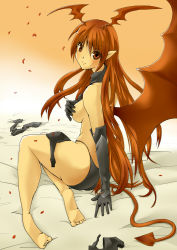 Rule 34 | 1girl, ass, barefoot, breasts, covering privates, covering breasts, demon girl, elbow gloves, female focus, full body, gloves, gradient background, horns, kuroboshi roki, long hair, looking back, lord of vermilion, no bra, pointy ears, red eyes, red hair, sideboob, single wing, solo, succubus (lord of vermilion), tail, undressing, white background, wings