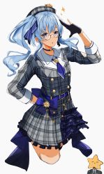 Rule 34 | 1girl, :o, absurdres, ascot, belt, beret, bespectacled, black gloves, blue ascot, blue belt, blue bow, blue choker, blue eyes, blue hair, blue ribbon, bow, bow skirt, buttons, choker, collared shirt, cropped legs, crown, double-breasted, glasses, gloves, grey hat, grey jacket, grey skirt, hair ribbon, hand on own hip, hand up, hat, highres, hololive, hoshimachi suisei, hoshimachi suisei (1st costume), jacket, jewelry, long hair, long sleeves, maruno ball, miniskirt, parted lips, partially fingerless gloves, pendant, plaid, plaid headwear, plaid jacket, plaid skirt, ribbon, salute, shirt, side ponytail, sidelocks, simple background, skirt, skirt set, solo, star (symbol), star bracelet, star in eye, surprised, symbol in eye, thigh strap, virtual youtuber, white background, white shirt
