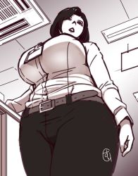 Rule 34 | 1girl, breasts, from below, ganto, huge breasts, monochrome, parted lips, plump, solo, thick thighs, wide hips