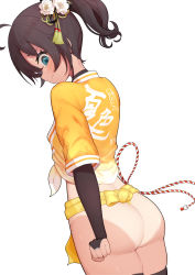Rule 34 | 1girl, absurdres, ahoge, ass, black gloves, black thighhighs, blue eyes, blush, bow, bridal gauntlets, brown hair, clenched hand, clothes writing, dutch angle, elbow gloves, flower, from behind, frown, fundoshi, gloves, hair between eyes, hair flower, hair ornament, highres, hololive, jacket, japanese clothes, long hair, looking at viewer, looking back, lunch boxer, natsuiro matsuri, one-piece tan, side ponytail, simple background, skindentation, solo, sweat, tan, tanline, thighhighs, thighs, tied jacket, virtual youtuber, white background, yellow bow, yellow jacket